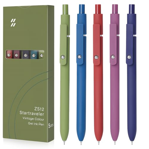 FIOVER-5pcs-Gel-Pens-Quick-Dry-Ink-Pens-Fine-Point-Retractable-Ballpoint-Pens-Japanese-Black-Ink-Smooth-Writing-Pens-for-Journaling-Note-Taking-Office-School-Supplies-Gifts-Women-Men-Retro-color