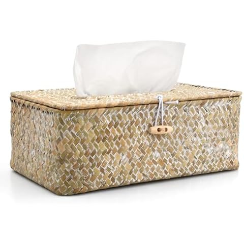 Fodlon Rattan Cosmetic Tissue Box - Rectangular Design for Home Decoration - Seagrass Tissue Dispenser for Living Room, Office and Restaurant - Decorative Paper Holder in White - Handmade Cover