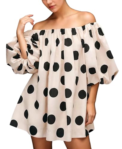 Image of MISSACTIVER Women's Polka Dot Mini Dress Off Shoulder Puff Sleeves Elegant Blouse Short Dress Loose Fit Bubble Beach Dresses