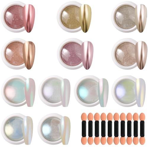 Teouuas 12 Pièces Poudre Chrome Ongle, Poudre Nails avec Paillettes Effet Chrome Ongle Miroir Métallique Brillant Pigment Nail Art, pour la Décoration Nail...