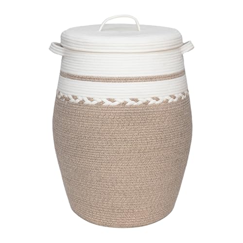 Image of ORGMASTER Large Collapsible Laundry Baskets, Laundry Hamper with Lid, Cotton Rope Basket Storage Organizer Bin for Blanket, Comforter, Cushions, Clothes, Pillows, 19.3x25.6 Inch, White/Brown