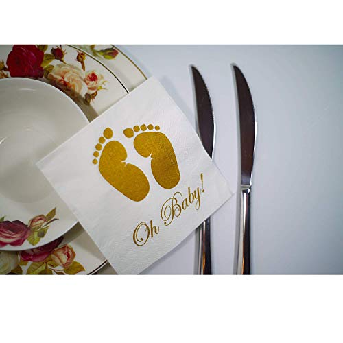 Clearance.. Baby Shower Napkins - Oh Baby Gold Feet Design for Boy and Girl, 100 Pack, 3-Ply, White Paper, Disposable Tableware Decorations Supply for Cocktail Dinner Lunch Birthday - Thumbnail 6