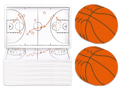 Whaline 90Pcs Basketball Plates Napkin Set Basketball Court Paper Plates Orange Sport Ball Disposable Napkins for Sport Birthday Tableware Supplies Serves 40