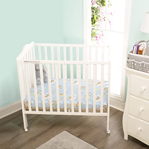 Image of 2 Pack n Play Mattress Sheets - 100% Jersey Knit Cotton Soft Portable Crib Mattress Sheet for Boys with Blue and Yellow Precious Moments Design; 2 Pk Playpen Mattress or Mini Crib Fitted Sheet Set