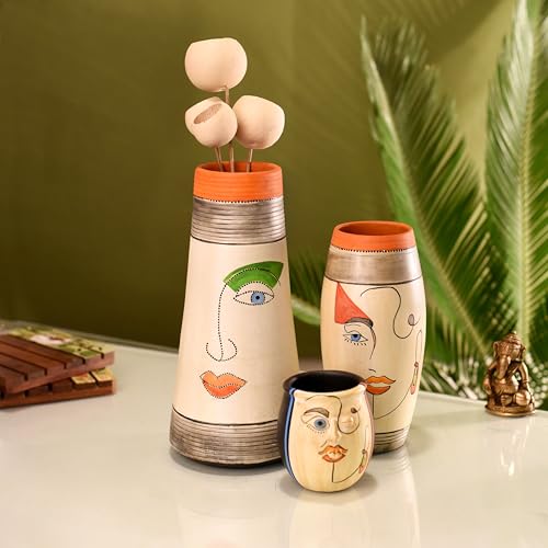 Image of Aakriti Art Creations Mohana-I Decorative Vases Set of 3 | Multicolor Terracotta Flower Vases | Matte Finish Modern Art Decorative Vases for Living Room, Table Decor & Gifting