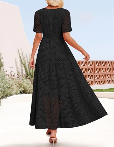 Image of ZESICA Women's 2026 Summer Short Sleeve Maxi Dress Casual V Neck Hollow Out Eyelet Ruffle Swing A Line Long Dresses