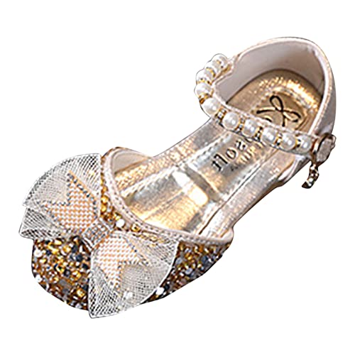 White Sandals For Girls Fashion Spring And Summer Girls Sandals Dress Dance Performance Princess Shoes Sequin Mesh Bow (a-Gold, 6.5 Toddler)