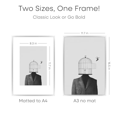 Image of Homeforia A3 Picture Frame Silver, High End Metal 11.7 x 16.5 inch Poster Frames with Mat 8.3 by 11.7 for Photo, A3 Size Frames Matted to A4 Art, 11.7x16.5 Wall Hanging Frame, Tempered Glass, Set of 1
