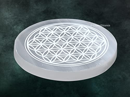 Image of Certified Selenite Crystal Charging Plate, 4 Inch Engraved Flower of Life Selenite Plate for Crystal Cleansing Re-Energy Work, Meditation and Pooja - Flower of Life