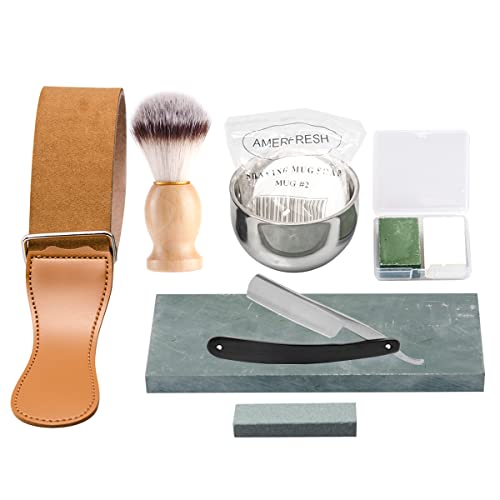 Grandslam Shaving Kit - Straight Razor With Leather Strop, Sharpening Stone, Brush, Bowl, Soap - Gift for Men
