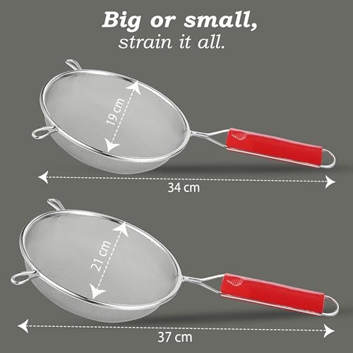 Image of Unify 2 Pieces Stainless Steel Soup & Juice Strainer /Liquid Filter for Kitchen Use, Large Soup Chalni with Red Handle, Rice & Juice Use (Size-7, 8, Dia-18.5cm, 21cm, Set of 2, Silver)