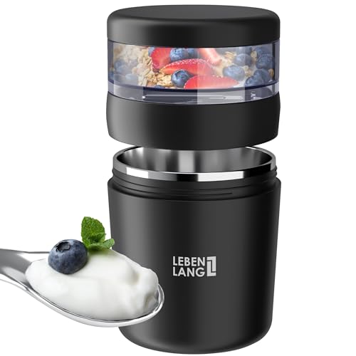 LEBENLANG Vaso yogur & cereales para llevar con cuchara - Pared interior de acero inoxidable aislante & 650ml I Porta yogurt to go I Recipiente yogurt para llevar I Crunch cup Overnight oats jar