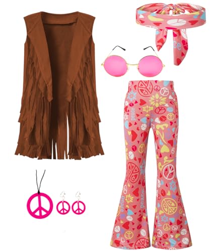 IWALUE 60s 70s Hippie Outfits Kids Girls Costume Fringe Vest Peace Flared Pants Accessories Set(Brown, 6-8 Years)