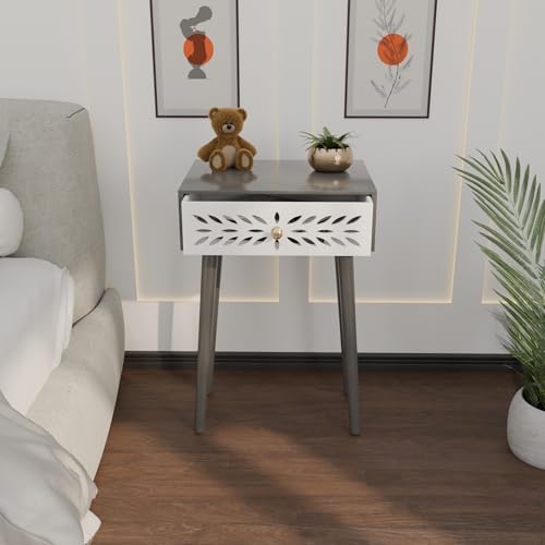 Image of Ereteken ART Nightstand Bedroom Carved Beside Table Made of MDF, Night Stand with 1 Drawers end Table for Bedroom /Living Room-White (Grey)