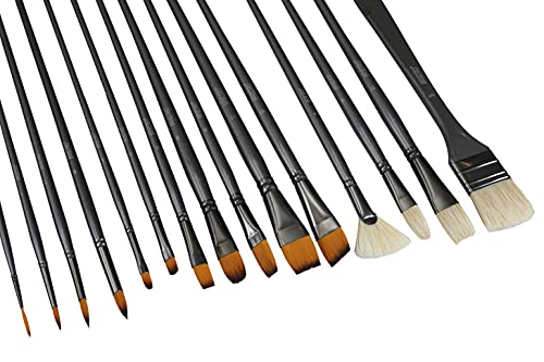 Image of Brustro Artists Mixed Hair Brush - Set of 15 (5 Flat, 1 Fan, 4 Round, 4 Filbert, 1 Angle) in PU Bag | Long Handle, Suitable for Oil Paints, Acrylic Paints, Watercolour.