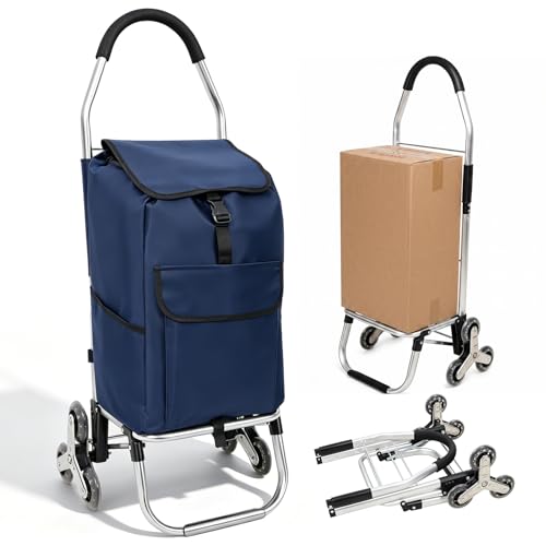 BUCABUCA 2‑in‑1 Shopping Cart, 40L Stair Climbing Grocery Cart on Wheels, Lightweight Aluminum Alloy Frame, 6‑Wheel Trolley with Removable Waterproof Oxford Bag, Blue