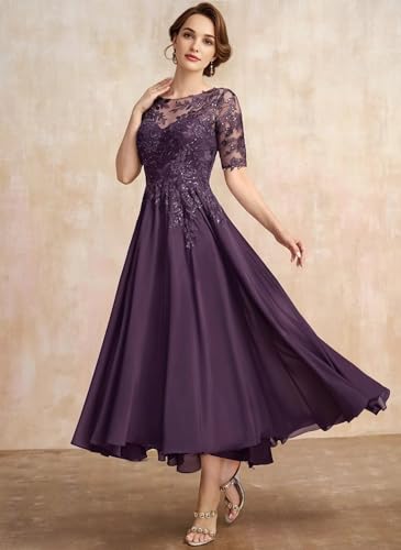 Image of Mother of The Bride Dresses Short Sleeve Lace Appliques Chiffon Formal Evening Dresses for Women IMR040