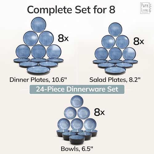 Image of 24 Piece Stoneware Dinnerware Set for 8 - Handmade Reactive Glaze Plates and Bowls Set - Chip & Scratch Resistant Dish Set - Dishwasher Microwave Safe - Deep Blue