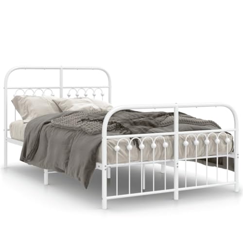 Keyroto Cama individual de 120 x 190 cm de metal para cama de matrimonio de hierro forjado con cabecero y piecero, metal blanco, 120 x 190 cm