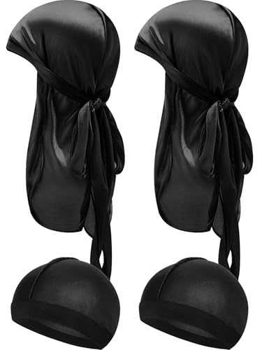 Geyoga 4 Pieces Kids Silky Durag with Wave Caps Set Unisex Baby Durags Long Tail and Wide Strap Headwraps Turban Beanies (Black, Black)