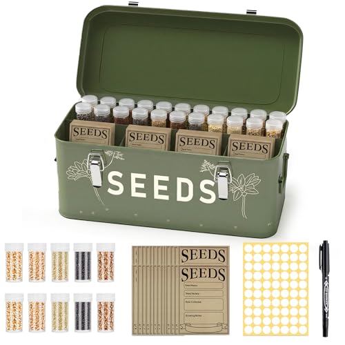 Orionstar Metall-Samenaufbewahrungs-Organizer-Set mit 30 Flaschen & Umschlägen 4-Fach-Verriegelungsbox für Gartenbau Aufbewahrung von Erbstück-Blumen und Gemüse Vintage Dunkelgrün Gärtner-Geschenk