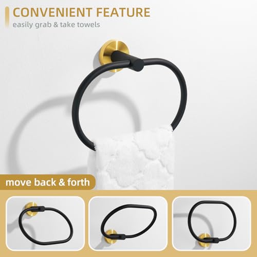Image of Angle Simple Towel Ring Swivel, Stainless Steel Bathroom Hand Towel Holder Rack Hanger for Wall, Black and Gold