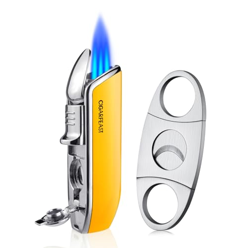 Cigar Torch Lighters with Cutter Set Triple Jet Flame Lighter with Punch Butane Torches Refillable(Without Gas) (Yellow) - Image 2