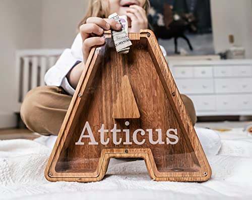 SOULSIS Sparschwein Benutzerdefinierter Name Holz 26 Buchstaben Spardose Personalisierte Spardose Kinder Sparschwein Laser Holz Brief Sparschwein Weihnachten Geburtstagsgeschenk Dekoration Cover