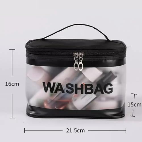 Image of Transparent and PU Waterproof Cosmetic Wash Bag (Black, Square Shape) - Travel Toiletry Organizer Pouch with Zipper & Handle for Makeup & Skincare (21.5W x 15B x 16H cm, Pack of 1)