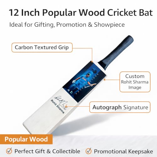 Image of AEM Wood Rohit Sharma Miniature Show Piece Cricket Bat with Photo & Signature 12 Inch| Pack of 1|