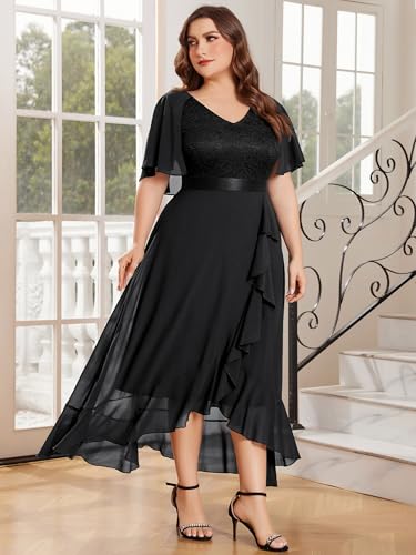 Miusol Women's Plus Size Floral Lace Cape Sleeves V Neck Ruffle Trim Formal Party Maxi Dress4