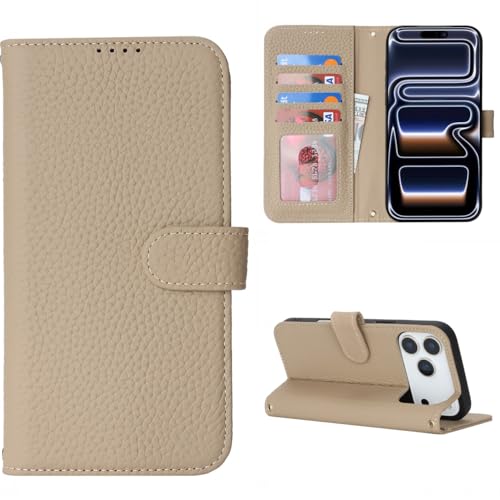 Coque iPhone 17 Pro Max Étui Portefeuille RFID Cuir Véritable Gris Housse Protection Rabat