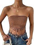 MakeMeChic Women's Boho Floral Jacquard Lace Trim Tie Back Tassel Crop Tube Top Coffee Brown L