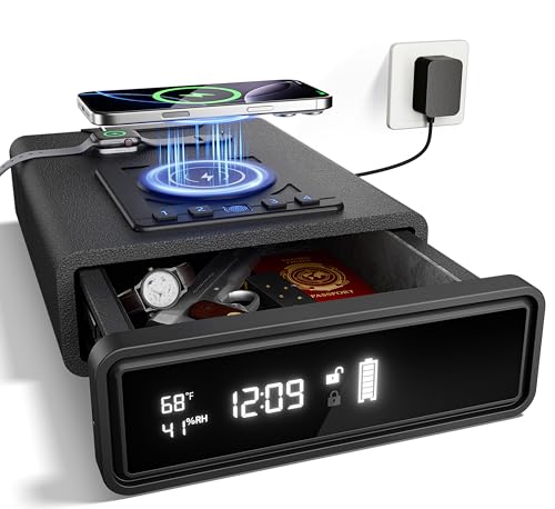 Smart biometric safe with wireless charging for phone and watch, displaying time and temperature, showcasing secure storage for valuables like watches and passports.