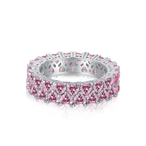 2 Row Heart Cut Womens Wedding Bands 5A CZ Simulated Pink Diamond Ring Band 925 Sterling Silver Eternity Stackable Rings for Women Width 6MM Size 6-9