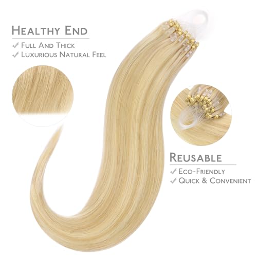 Image of WENNALIFE Microlink Hair Extensions Human Hair, 50g 50s 16 Inch Light Blonde Highlighted Golden Blonde Remy Micro Bead Hair Extensions Real Human Hair Loop Ring Hair Straight Microlinks