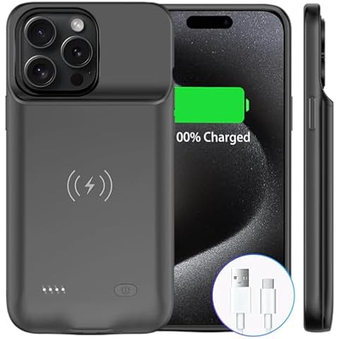 Battery Case for iPhone 15 Pro (6.1 inch) 10000mAh Qi Wireless Charging, Slim Extended Backup Rechargeable Charging with Expansion for iPhone 15 Pro, Black Cover
