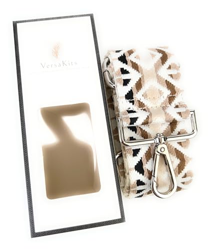 Image of Cream Beige Brown Boho Diamond Purse Strap with Silver Hardware 2 Inch Wide Replacement Crossbody Guitar Style Shoulder Strap for Handbags Totes