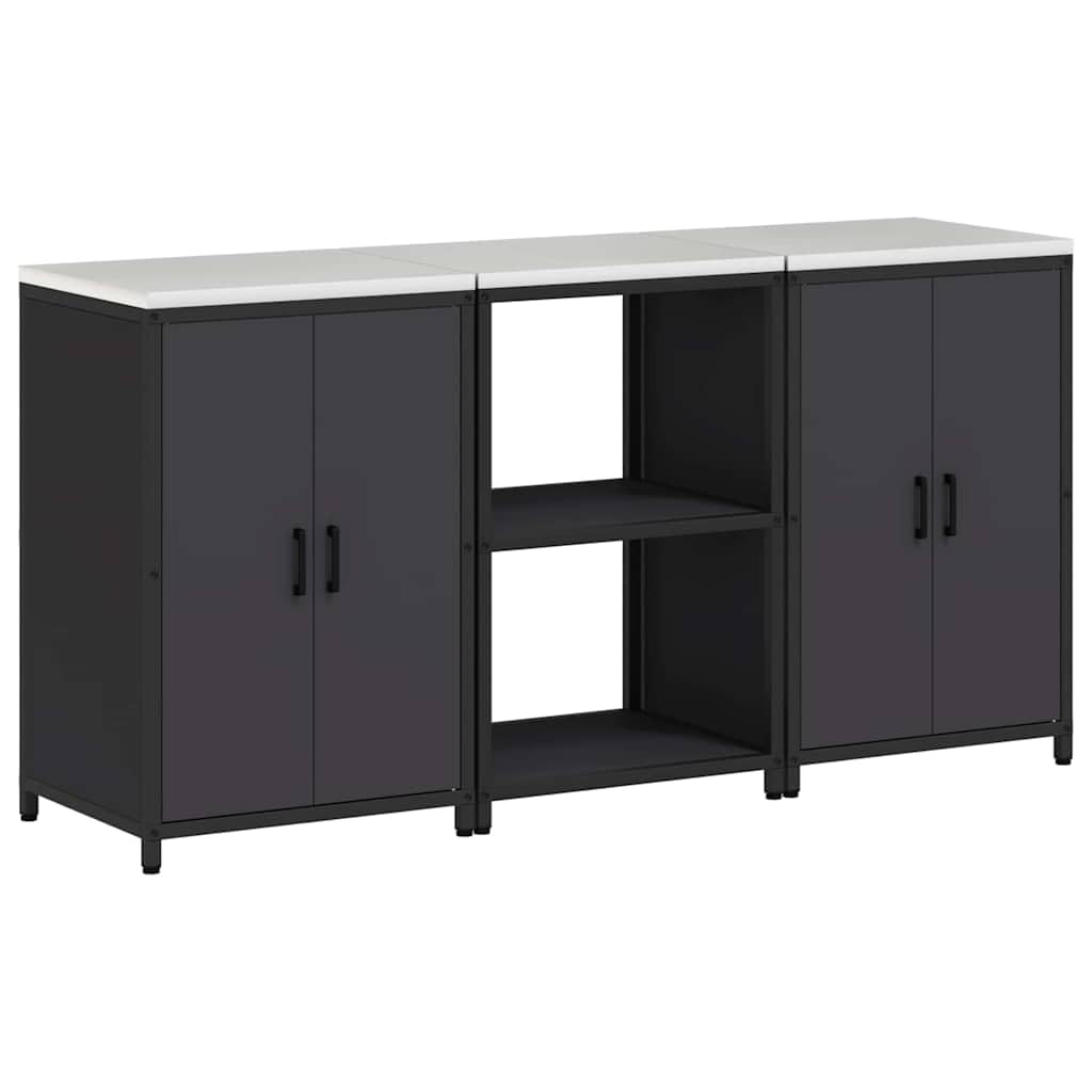 Ensemble de Rangement Cuisine 3 pcs Noir - Buffet Industriel en Acier Laminé à Froid avec 4 Portes et 6 Étagères, Meuble pour Vaisselle et Ustensiles, 180x50x92 cm