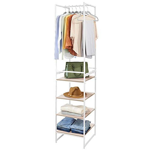 mDesign Modular Closet Organizer System Storage Unit, Sturdy Steel Frame, Metal Shelves/Garment Rack for Bedroom, Hallway, Entryway, Textured Print, 3 Drawers, Garment Rack, Set of 2 - Linen/Natural