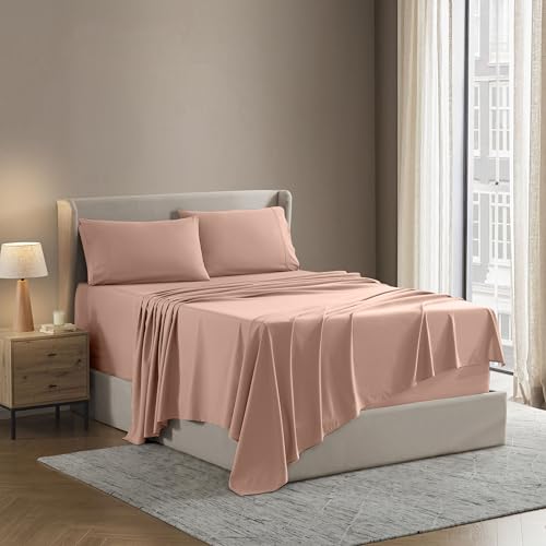Image of Nestl Queen Bed Sheet Set - Peach - 4-Piece Deep Pocket | Instantly Soft, Night-One Ready (No Wash Required). Fits 16-Inch Deep Pockets, 360-Degree Elastic Grip