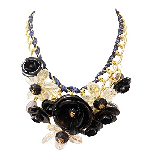 MMonesu Flower Bib Statement Necklace Chunky Flower Statement Necklace Drama Bib Collar Jewelry Set for Women Prom Party Jewelry (Black)