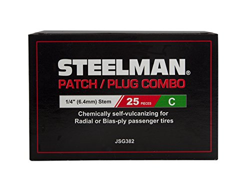 Steelman 1/4-Inch Tire Repair Patch/Plug Combo for 1-Piece Repair of Tubeless Tires, Chemical or Heat Cure, Integrated Lead Wire, Box of 25