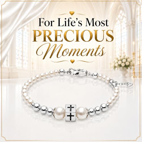 Image of Baby White Pearl Bracelet, Sterling Silver Cross Charm Baptism Gifts for Girl