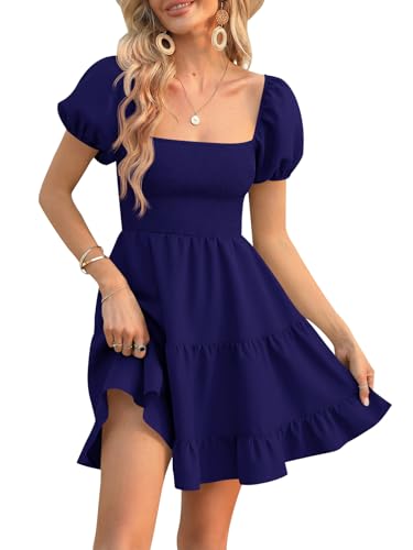 Image of Veatzaer Women's Puff Sleeve Square Neck Smocked Babydoll Dress Boho Floral Print Off Shoulder Ruffle Mini Short Dress