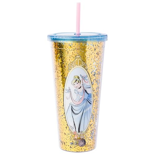 Image of Silver Buffalo Disney Princess Cinderella, Plastic Cold Cup, 32oz | Confetti, Includes Lid and Straw, 0.95 Liters