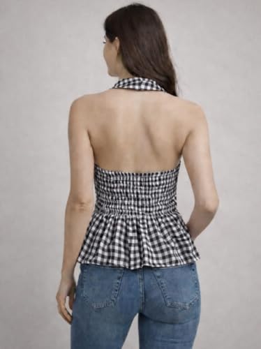 Image of Muhib Women's Halter Neck Sleeveless Cotton Top | Black & White Gingham Check Twist Front Summer Top | Stylish Casual Crop Blouse for Women