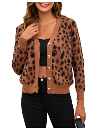 MakeMeChic Women's Leopard Print V Neck Button Down Sweater Cardigan Long Sleeve Knitwear Outerwear
