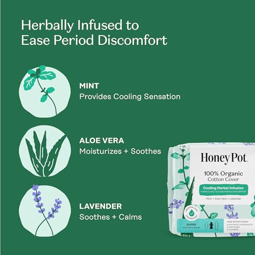 Image of The Honey Pot Company - Herbal Pads for Women - Super w /Wings - Infused w /Essential Oils for Cooling Effect, Organic Cotton Cover, & Ultra-Absorbent Pulp Core - Feminine Care - 16 ct