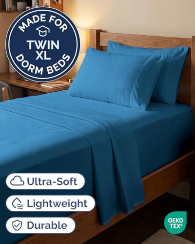 Image of Extra Deep Twin XL Sheet Set - 4 Piece Breathable & Cooling - Denim Blue | Hotel Luxury Bed Sheets Set, Easy & Secure Fit, Ultra-Soft, Wrinkle & Fade Free, Comfy Sheets Set with Extra Deep Pockets